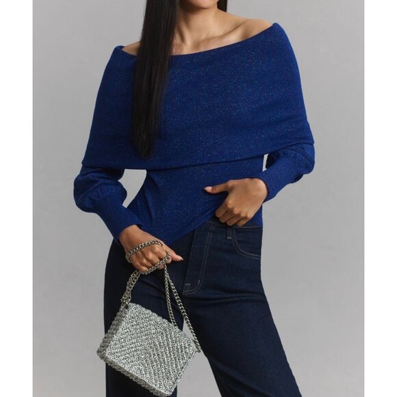 By Anthropologie Sweaters - By Anthropologie Navy Metallic Wool Off-The-Shoulder Sweater Size L